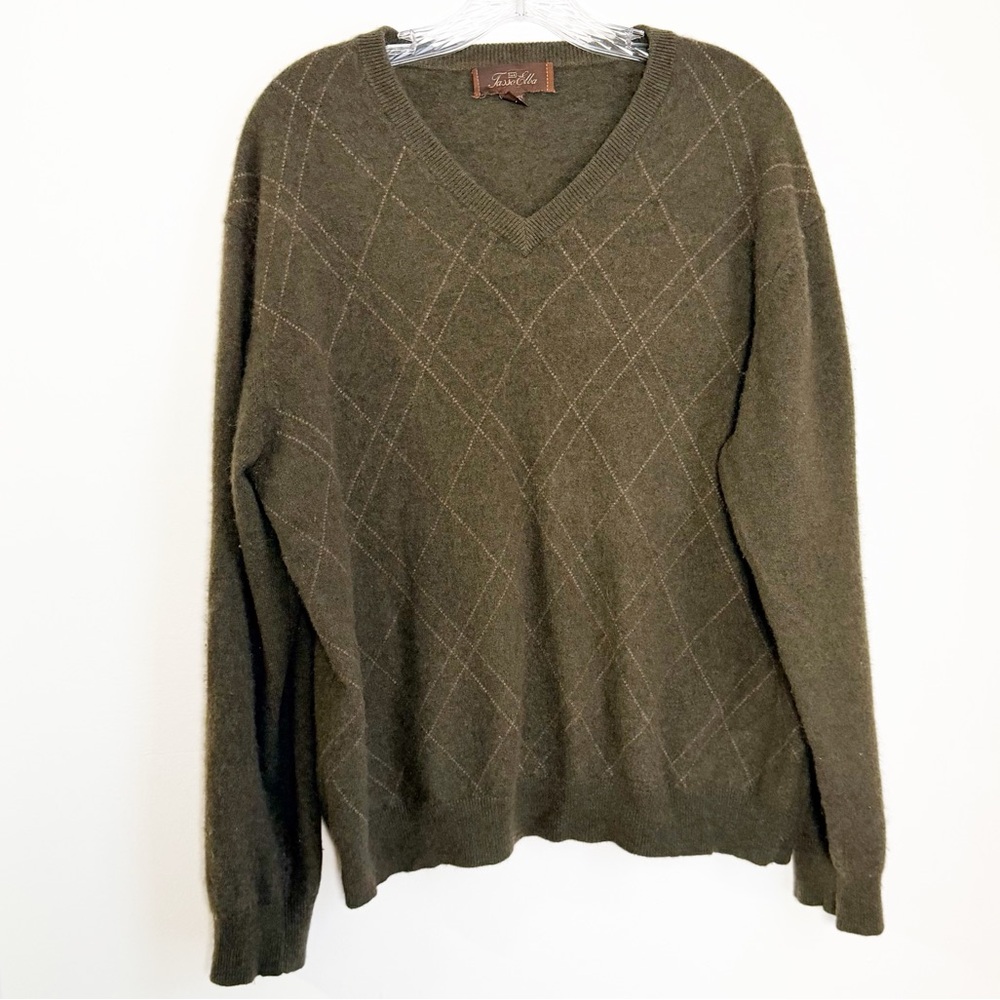 Tasso Elba Cashmere Dark Olive V-Neck Sweater with Argyle Pattern